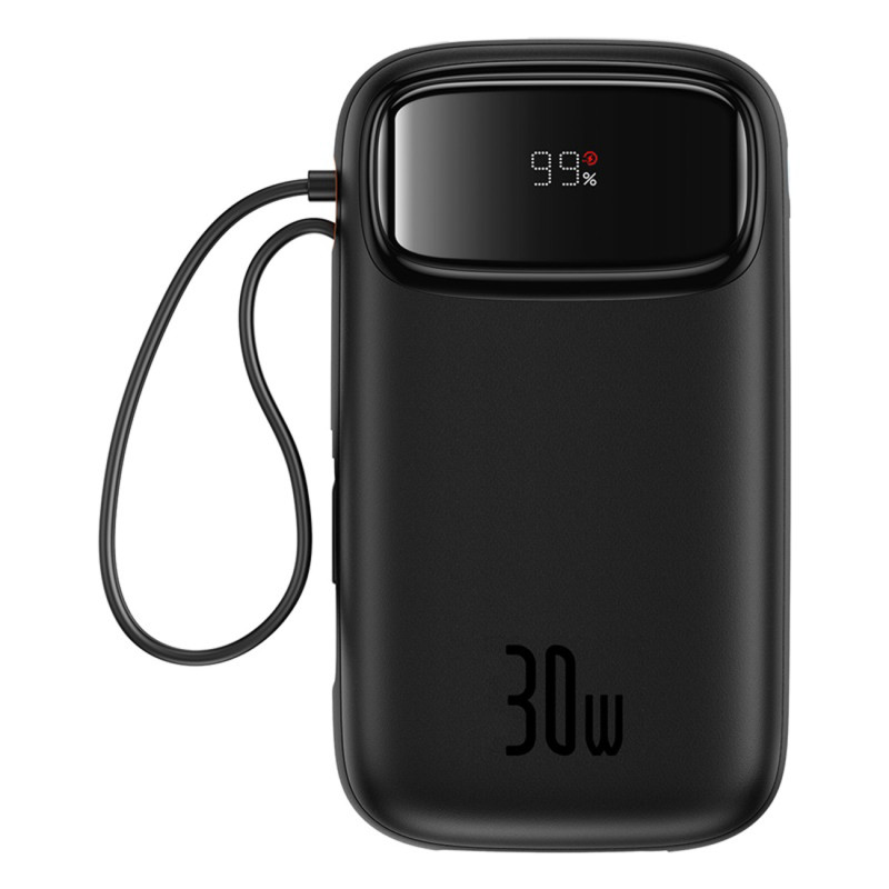 „Baseus QPow 2“ 20000mAh 30W išorinė baterija su 2 integruotais USB-C laidais – juoda