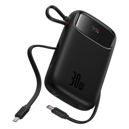 „Baseus QPow 2“ 20000mAh 30W išorinė baterija su 2 integruotais USB-C laidais – juoda