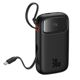 „Baseus QPow 2“ 20000mAh 30W išorinė baterija su 2 integruotais USB-C laidais – juoda