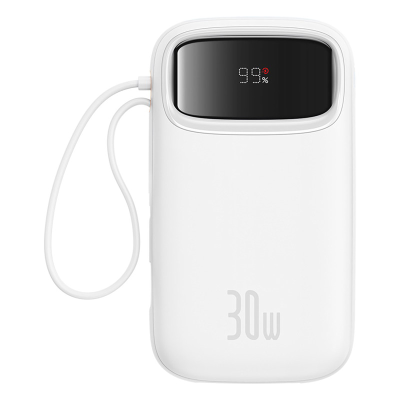 „Baseus QPow 2“ 20000mAh 30W išorinė baterija su 2 integruotais USB-C laidais – balta