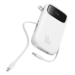 „Baseus QPow 2“ 20000mAh 30W išorinė baterija su 2 integruotais USB-C laidais – balta