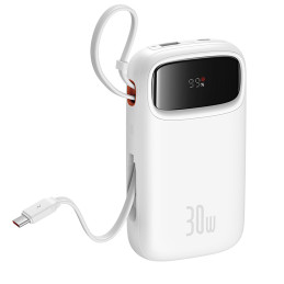 „Baseus QPow 2“ 20000mAh 30W išorinė baterija su 2 integruotais USB-C laidais – balta