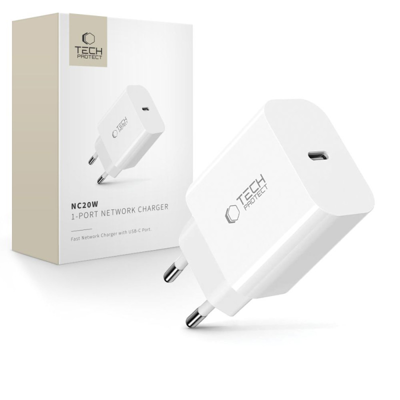 „Tech-Protect NC20W“ sieninis įkroviklis su USB-C prievadu – baltas