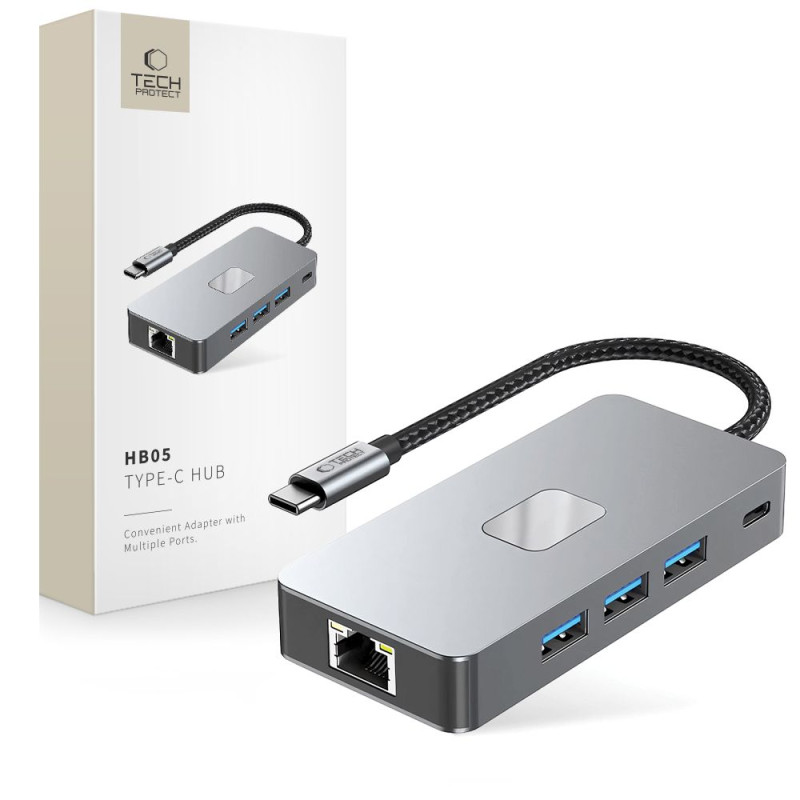 „Tech-Protect HB05“ šakotuvas 9in1 USB-C + USB2.0 + USB3.0 + HDMI 4K 60Hz + SD / TF + PD100W + RJ45 adapteris - pilkas