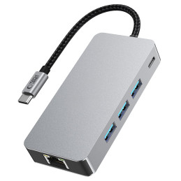 „Tech-Protect HB05“ šakotuvas 9in1 USB-C + USB2.0 + USB3.0 + HDMI 4K 60Hz + SD / TF + PD100W + RJ45 adapteris - pilkas