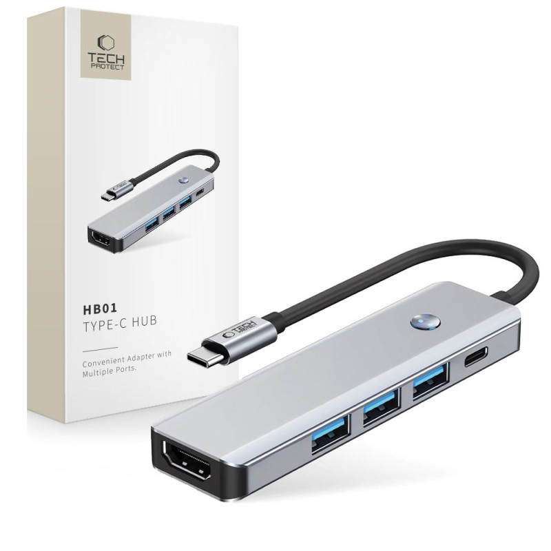 „Tech-Protect HB01“ šakotuvo adapteris 5in1 USB-C + USB3.0 + HDMI 4K 60Hz + PD100W - pilkas