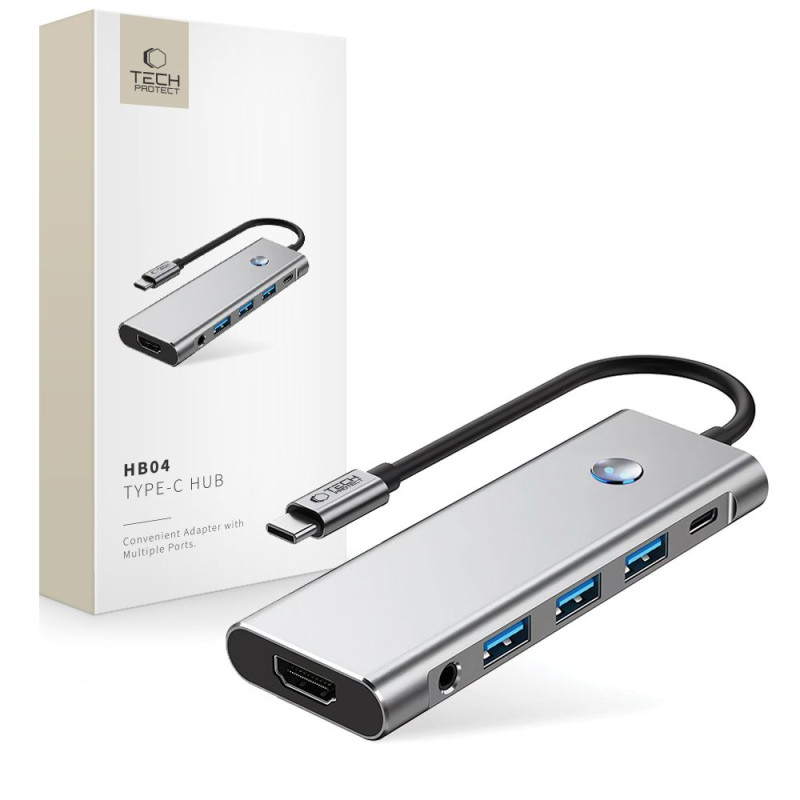 „Tech-Protect HB04“ šakotuvo adapteris 9in1 USB-C + USB2.0 + USB3.0 + HDMI 4K 60Hz + SD / TF + PD100W + AV3.5 - pilkas