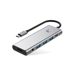 „Tech-Protect HB04“ šakotuvo adapteris 9in1 USB-C + USB2.0 + USB3.0 + HDMI 4K 60Hz + SD / TF + PD100W + AV3.5 - pilkas