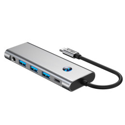 „Tech-Protect HB04“ šakotuvo adapteris 9in1 USB-C + USB2.0 + USB3.0 + HDMI 4K 60Hz + SD / TF + PD100W + AV3.5 - pilkas