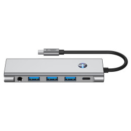 „Tech-Protect HB04“ šakotuvo adapteris 9in1 USB-C + USB2.0 + USB3.0 + HDMI 4K 60Hz + SD / TF + PD100W + AV3.5 - pilkas