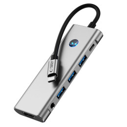 „Tech-Protect HB04“ šakotuvo adapteris 9in1 USB-C + USB2.0 + USB3.0 + HDMI 4K 60Hz + SD / TF + PD100W + AV3.5 - pilkas