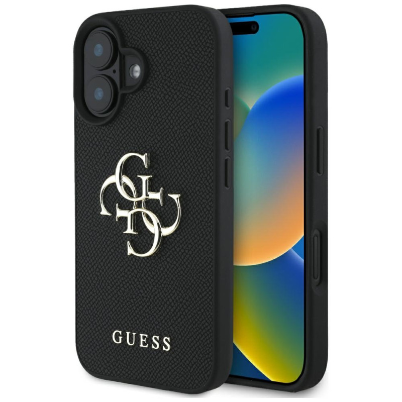 „Guess Grained Big 4G Logo Small Classic“ dėklas su logotipu, skirtas iPhone 16 - juodas
