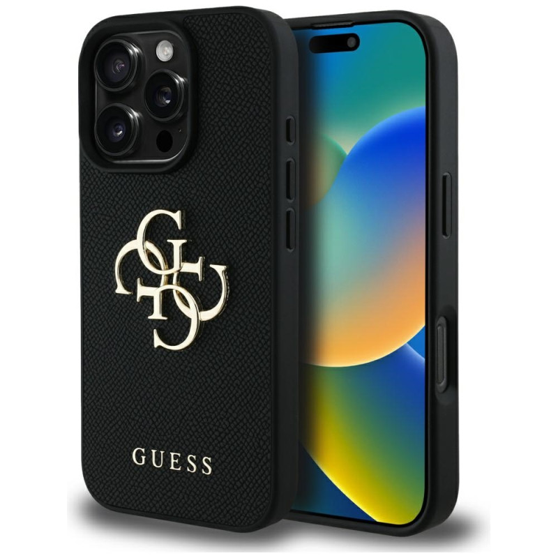 „Guess“ grūdėtas didelis 4G logotipas mažas klasikinis logotipo dėklas, skirtas iPhone 16 Pro Max - juodas