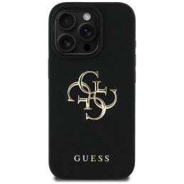 „Guess“ grūdėtas didelis 4G logotipas mažas klasikinis logotipo dėklas, skirtas iPhone 16 Pro Max - juodas