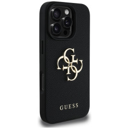 „Guess“ grūdėtas didelis 4G logotipas mažas klasikinis logotipo dėklas, skirtas iPhone 16 Pro Max - juodas
