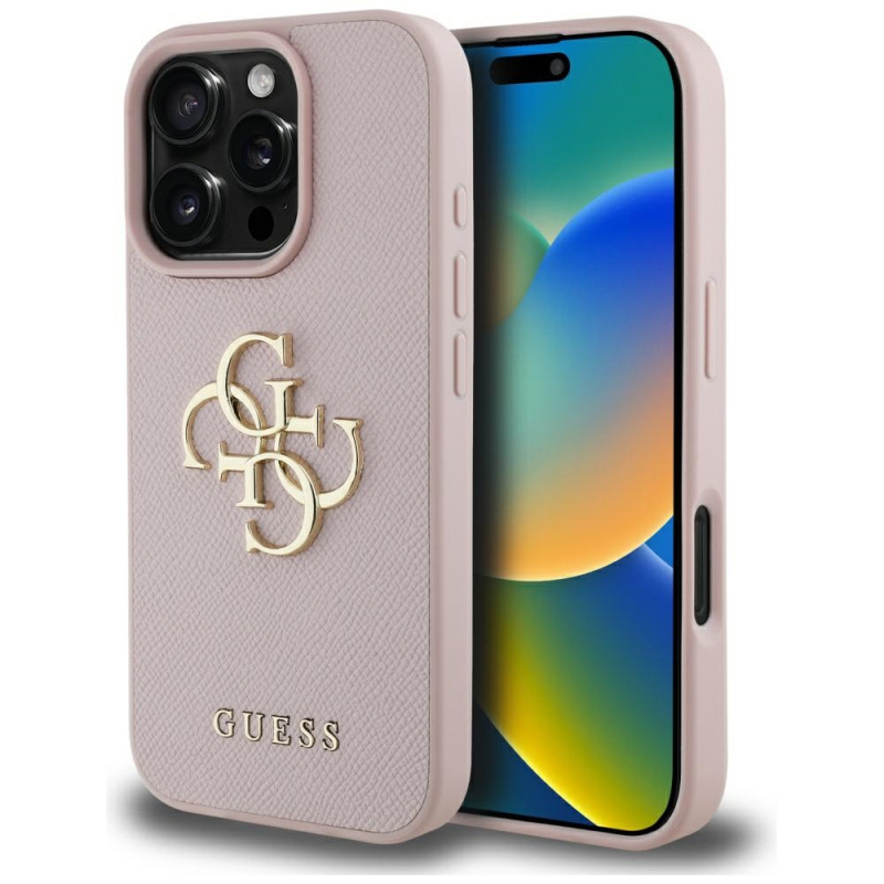 „Guess“ grūdėtas didelis 4G logotipas mažas klasikinis logotipas iPhone 16 Pro dėklas – rožinis