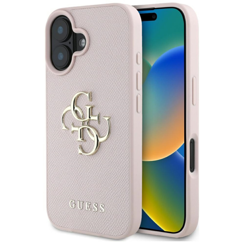 „Guess Grained Big 4G Logo Small Classic“ dėklas su logotipu, skirtas iPhone 16 – rožinis