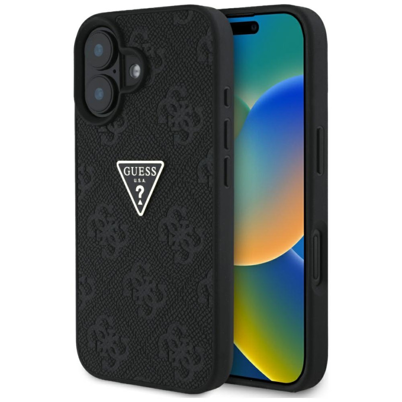 „Guess Hot Stamp 4G Pattern Triangle“ metalinis dėklas iPhone 16 telefonui – juodas