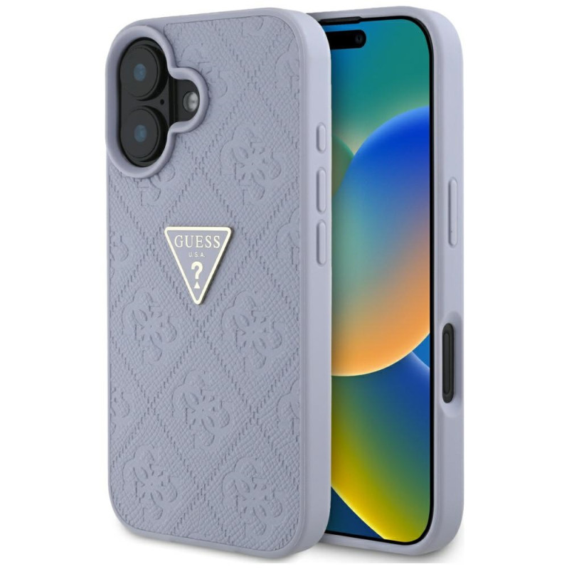 iPhone 16 dėklas „Guess Hot Stamp 4G Pattern Triangle“ metaliniu logotipu – violetinis