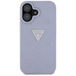 iPhone 16 dėklas „Guess Hot Stamp 4G Pattern Triangle“ metaliniu logotipu – violetinis