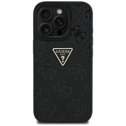 „Guess Hot Stamp 4G Pattern Triangle“ metalinis logotipo dėklas, skirtas iPhone 16 Pro – juodas