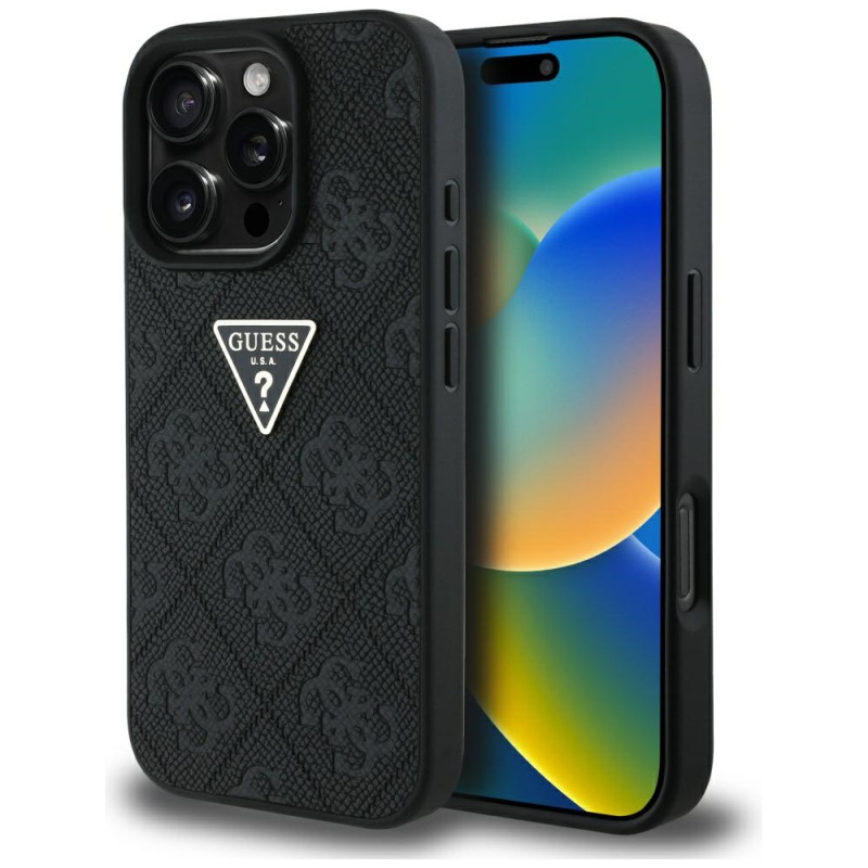 iPhone 16 Pro Max dėklas „Guess Hot Stamp 4G Pattern Triangle Metal Logo“ – juodas