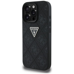 iPhone 16 Pro Max dėklas „Guess Hot Stamp 4G Pattern Triangle Metal Logo“ – juodas