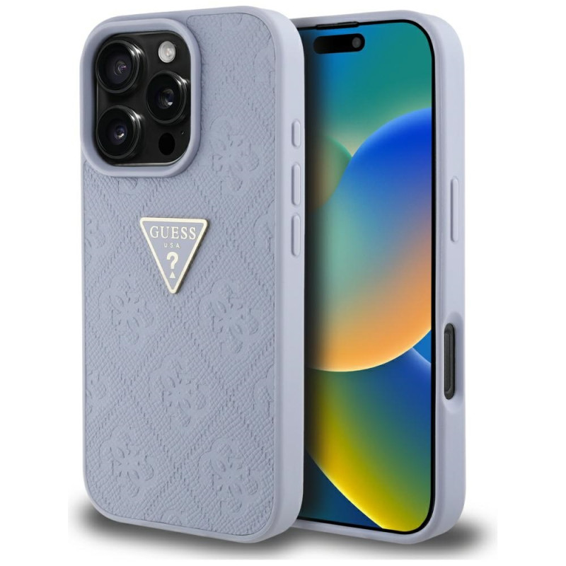 iPhone 16 Pro Max dėklas „Guess Hot Stamp 4G Pattern Triangle Metal Logo“ – violetinis