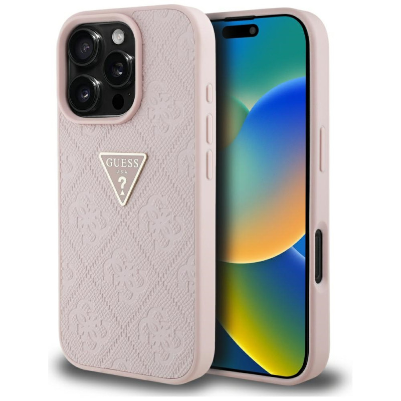 iPhone 16 Pro dėklas „Guess Hot Stamp 4G Pattern Triangle Metal Logo“ – rožinis