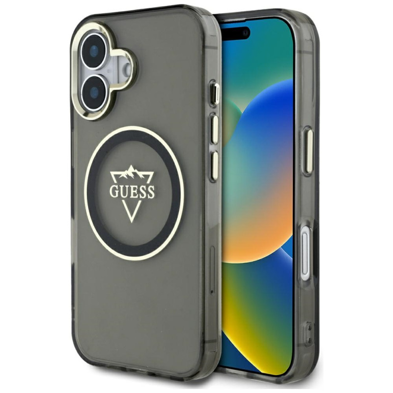 „Guess IML Metal Mountain Logo MagSafe“ dėklas, skirtas „iPhone 16“ – juodas