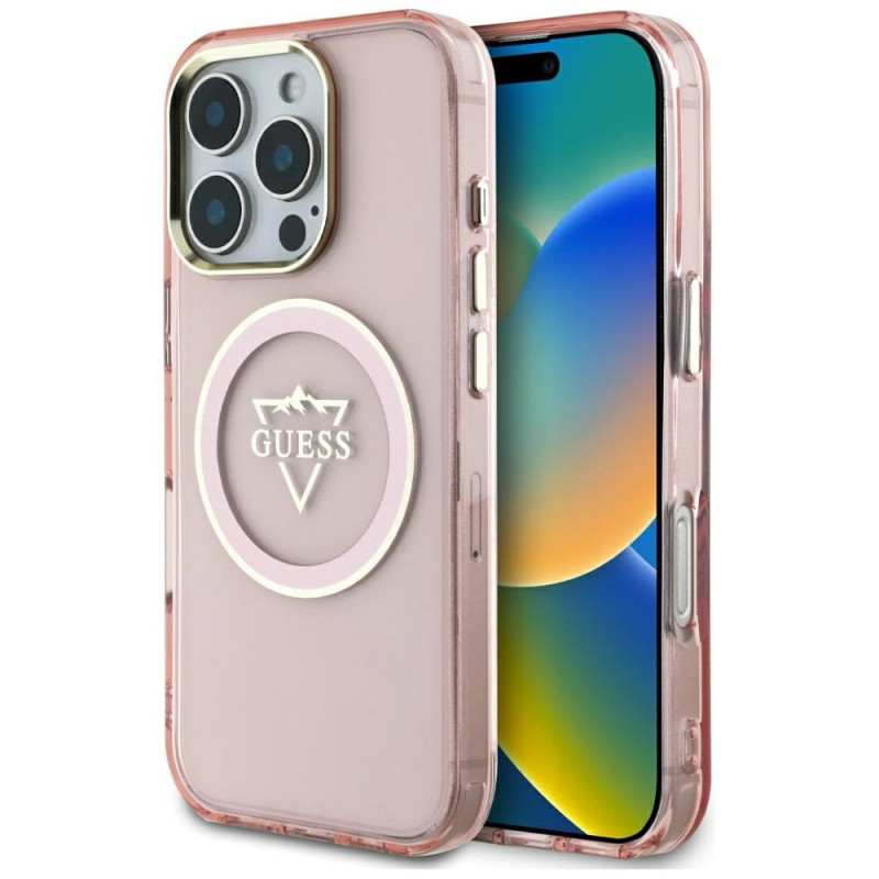 „Guess IML Metal Mountain Logo MagSafe iPhone 16 Pro Max“ dėklas – rožinis