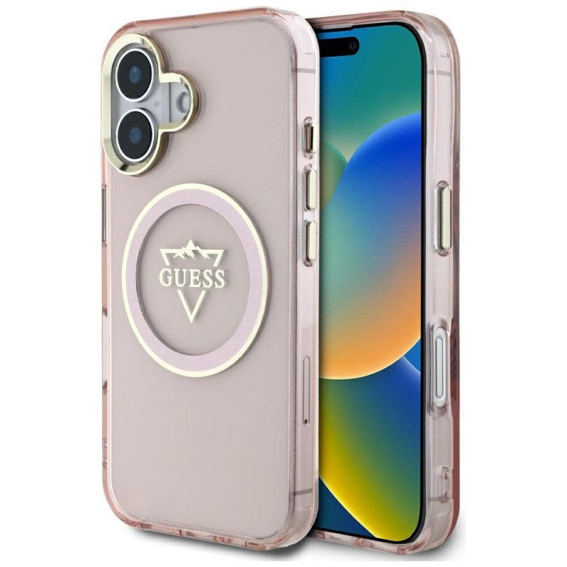 „Guess IML Metal Mountain Logo MagSafe iPhone 16“ dėklas – rožinis