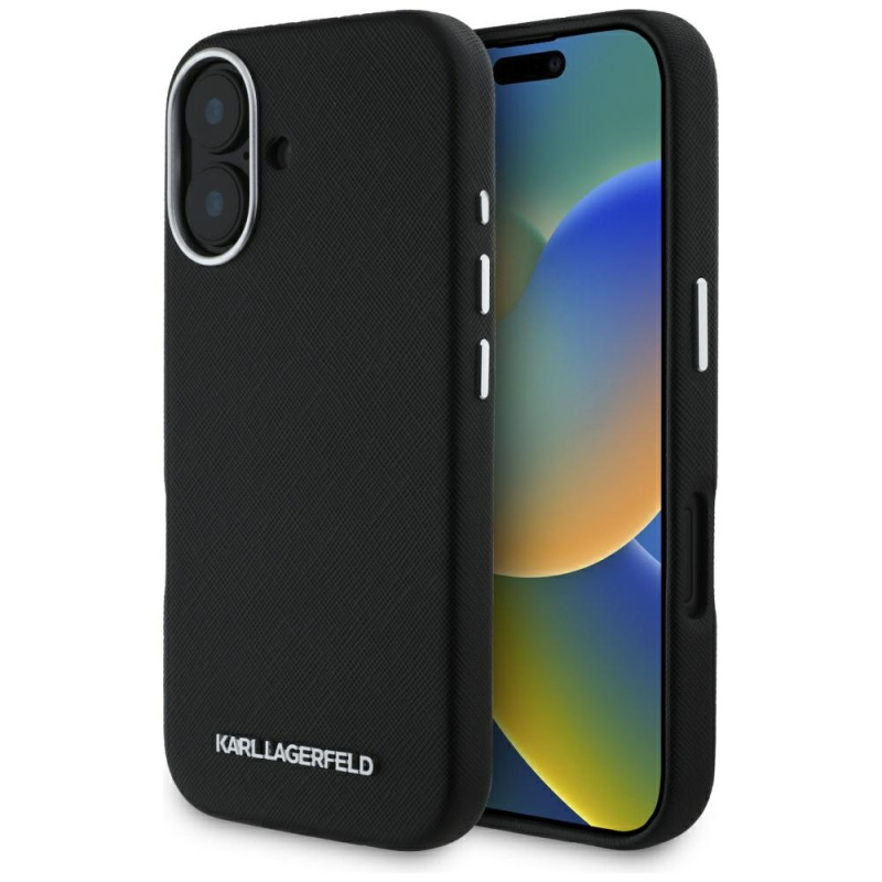 „Karl Lagerfeld Saffiano“ visiškai apvyniotas pailgas metalinis logotipas su „MagSafe“ dėklu, skirtas „iPhone 16“ – juod...
