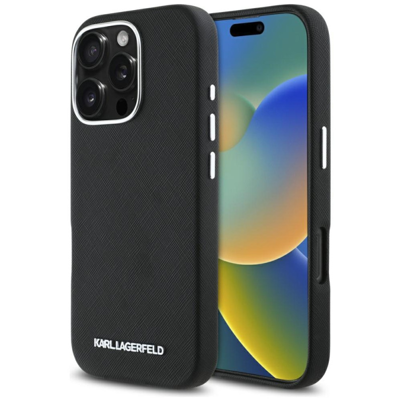 „Karl Lagerfeld Saffiano“ visiškai apvyniotas pailgas metalinis logotipas su „MagSafe“ dėklu, skirtas „iPhone 16 Pro Max...