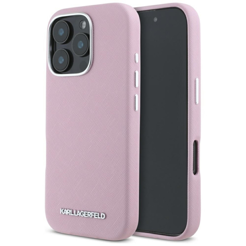 Karl Lagerfeld Saffiano Full Wrapped Elongated Metal Logo MagSafe iPhone 16 Pro Max dėklas – rožinis