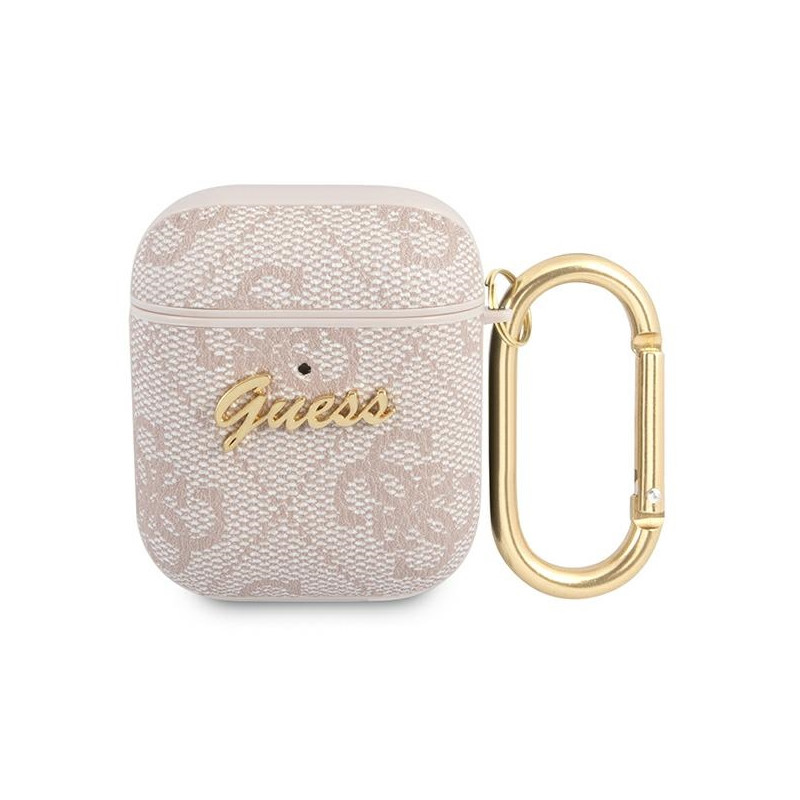 „Guess 4G Script“ metalinis kolekcijos dėklas, skirtas „AirPods 1 / 2“ – rožinis