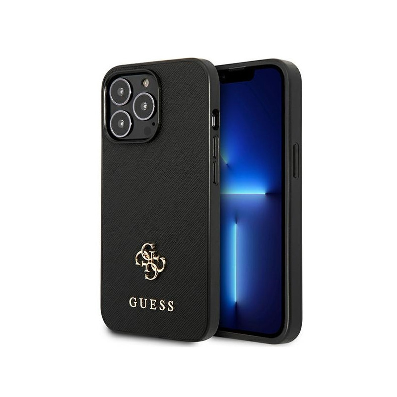 „Guess Saffiano 4G“ mažas metalinis logotipo dėklas, skirtas „iPhone 13 Pro / 13 6.1“ – juodas