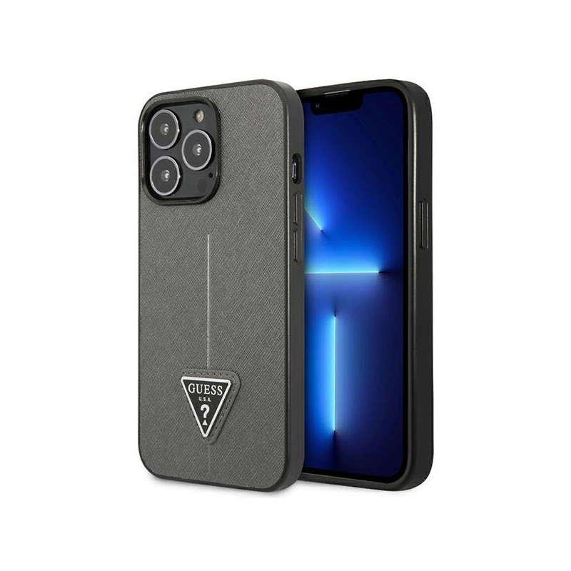 „Guess Saffiano“ trikampio logotipo dėklas, skirtas „iPhone 13 Pro“ / 13 6.1 colio – sidabrinis