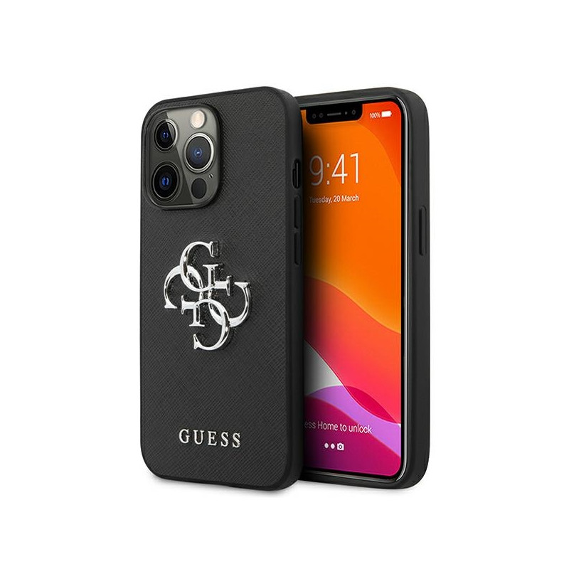„Guess Saffiano 4G“ metalinis dėklas su logotipu, skirtas iPhone 13 Pro / 13 6.1" - juodas