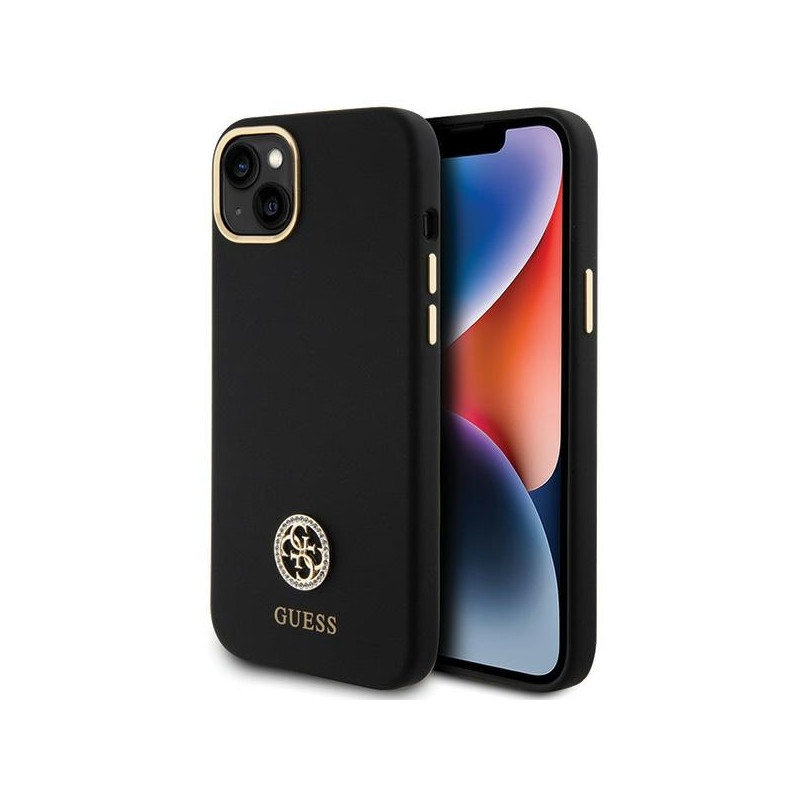 „Guess“ silikoninis „Logo Strass 4G“ dėklas, skirtas „iPhone 15 Plus / 14 Plus 6.7“ – juodas