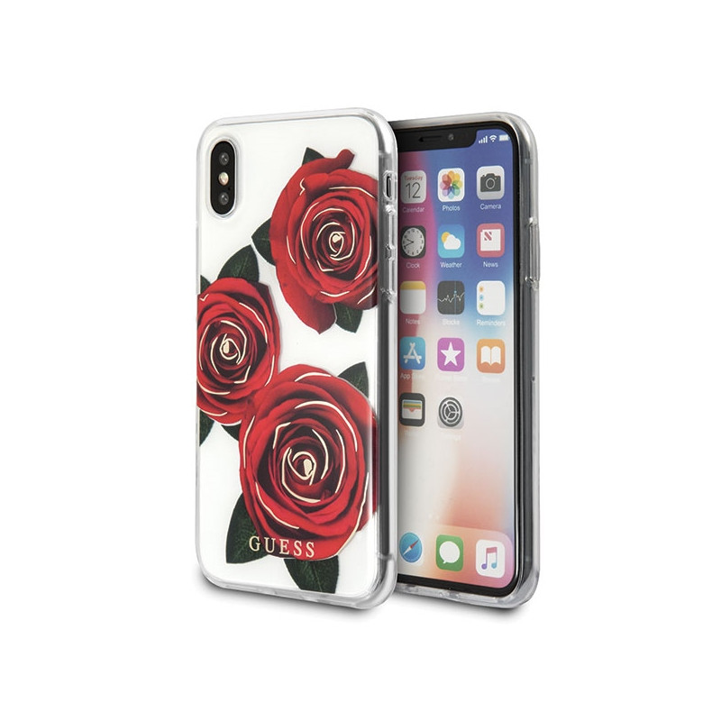 „Guess Flower Desire“ raudonos rožės iPhone X dėklas – permatomas
