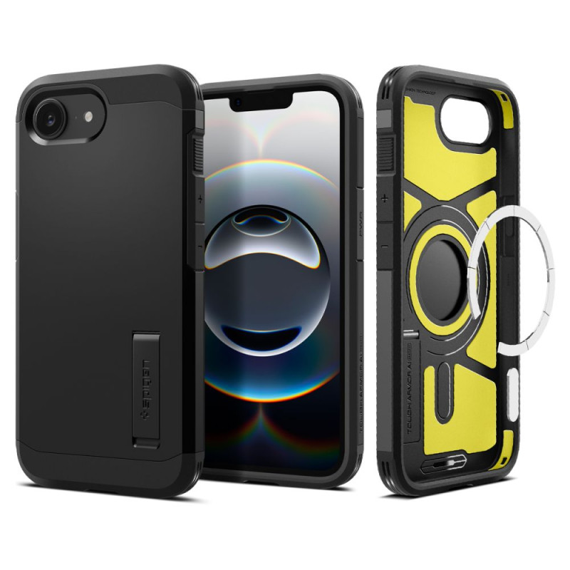„Spigen Tough Armor“ dėklas su „MagSafe“ apsauga, skirtas „iPhone 16e“ su stovu – juodas