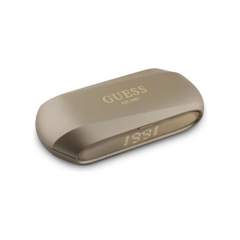 „Guess“ pailgos metalinio spausdinto logotipo „Bluetooth TWS“ ausinės su įkrovimo stotele – auksinės