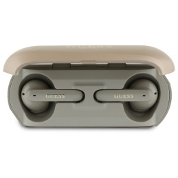 „Guess“ pailgos metalinio spausdinto logotipo „Bluetooth TWS“ ausinės su įkrovimo stotele – auksinės