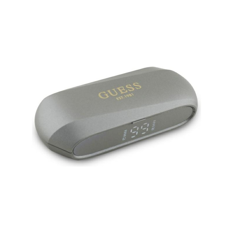 „Guess“ pailgos metalinio spausdinto logotipo „Bluetooth TWS“ ausinės su įkrovimo stotele – pilkos