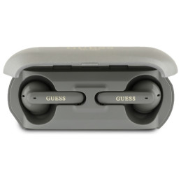 „Guess“ pailgos metalinio spausdinto logotipo „Bluetooth TWS“ ausinės su įkrovimo stotele – pilkos