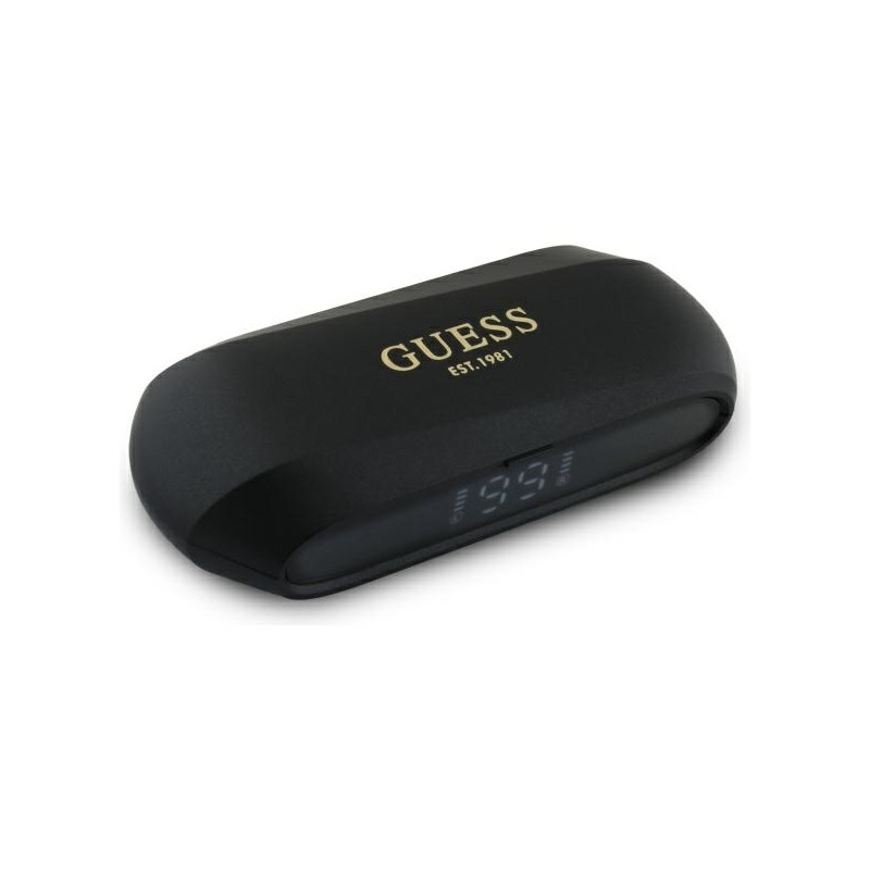 „Guess“ pailgos metalinio spausdinto logotipo „Bluetooth TWS“ ausinės su įkrovimo stotele – juodos