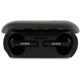 „Guess“ pailgos metalinio spausdinto logotipo „Bluetooth TWS“ ausinės su įkrovimo stotele – juodos