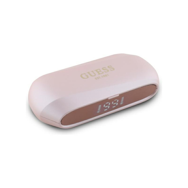 „Guess“ pailgos metalinio spausdinto logotipo „Bluetooth TWS“ ausinės su įkrovimo stotele – rožinės