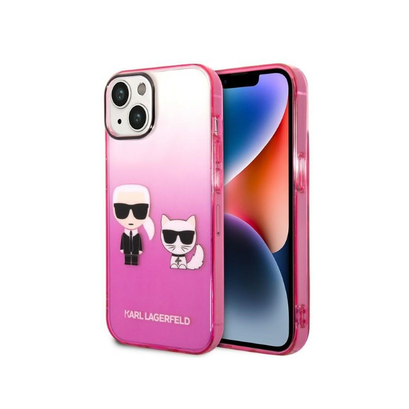 „Karl Lagerfeld Gradient Ikonik Karl & Choupette“ dėklas, skirtas iPhone 14 / 15 / 13 6.1" – rožinis